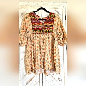 Umgee Boho Long Sleeve Blouse Women’s Size Small Embroidered Peasant Top
